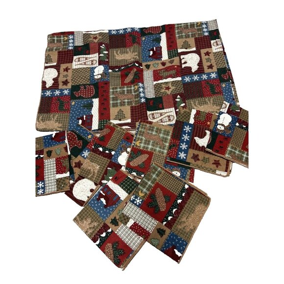 Vintage JC Penney Table Cloth & Napkins Folk Country Winter Polar Bear Patchwork - Picture 3 of 9